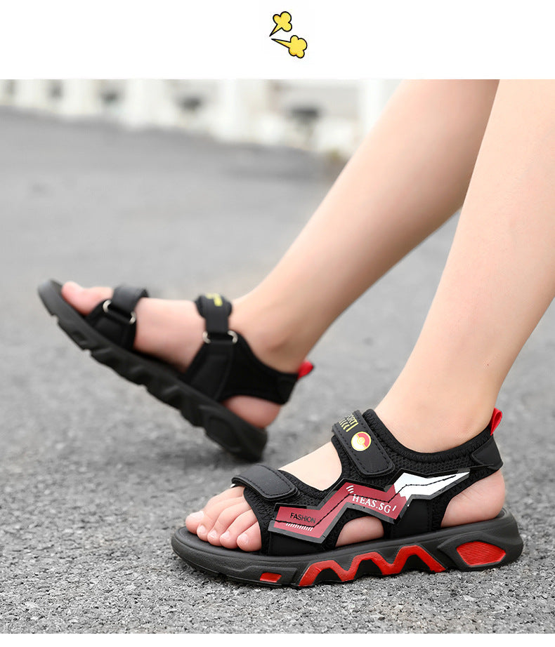 Boys' Fashion Sandals Summer New Children's Velcro Big Kids Student Sports Soft Sole Beach Shoes Non-Slip