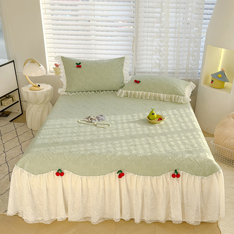 Summer Ice Silk Cooling Mat Lace Edge Cool Soft Mat Three-Piece Set Ethylene Fiber Ice Bean Mat Bed Skirt Style Bedding