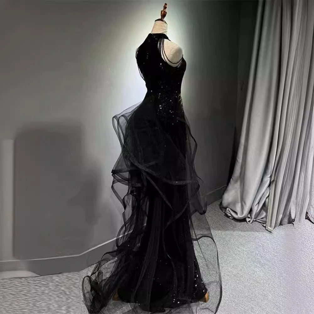 New Evening Dress Black High-End Slim Fit Elegant Socialite Host Halter Neck Mermaid Dress Wedding Toast Dress