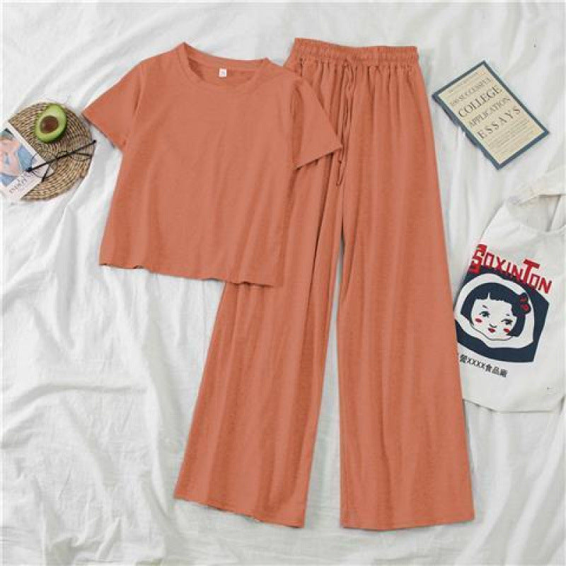 In Stock Cross-Border Amazon Summer New Korean Style Fashionable Petite Height-Enhancing Set Women Short Sleeve Wide-Leg Pants Casual Pants
