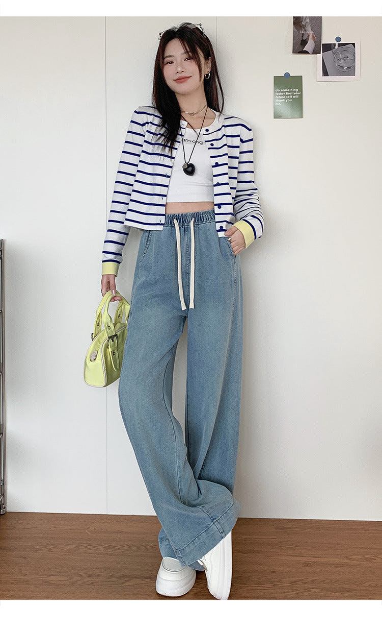 Tencel Jeans for Women Summer Thin Elastic Waist High Waist Draped Large Size Loose Straight Side Seam Front-Moved Wide-Leg Pants