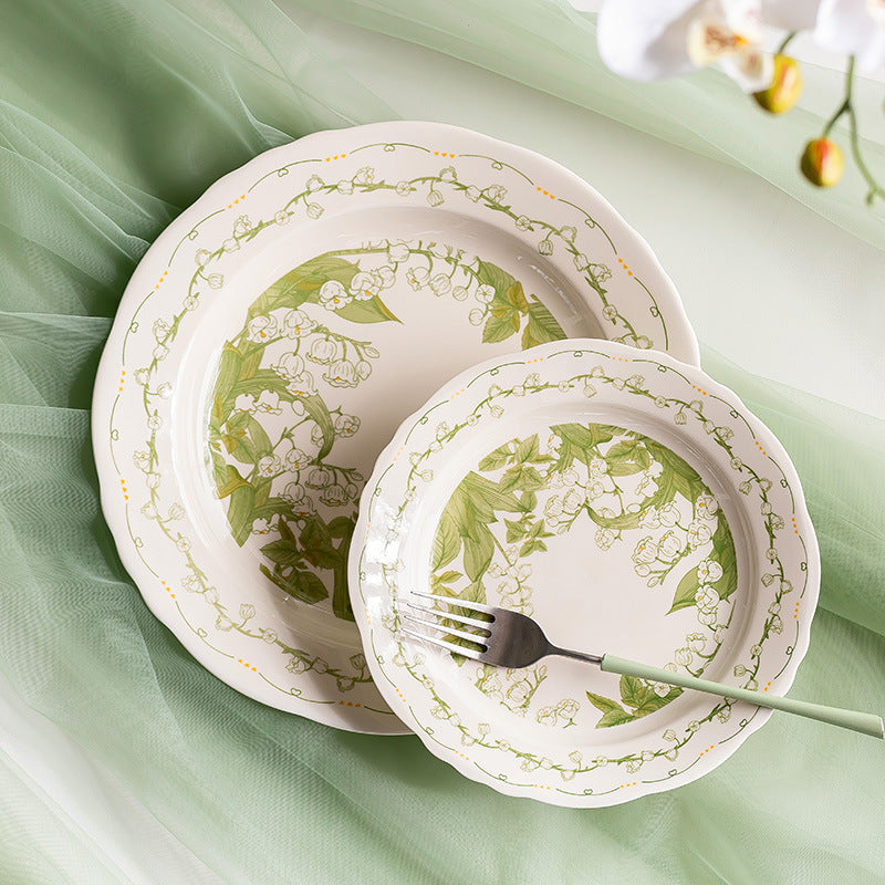 Lily of the Valley Bowl and Plate Set Household Ceramic Tableware Set Pastoral Style High-Value Underglaze Color Vegetable Plate Soup Plate Bowl and Chopsticks