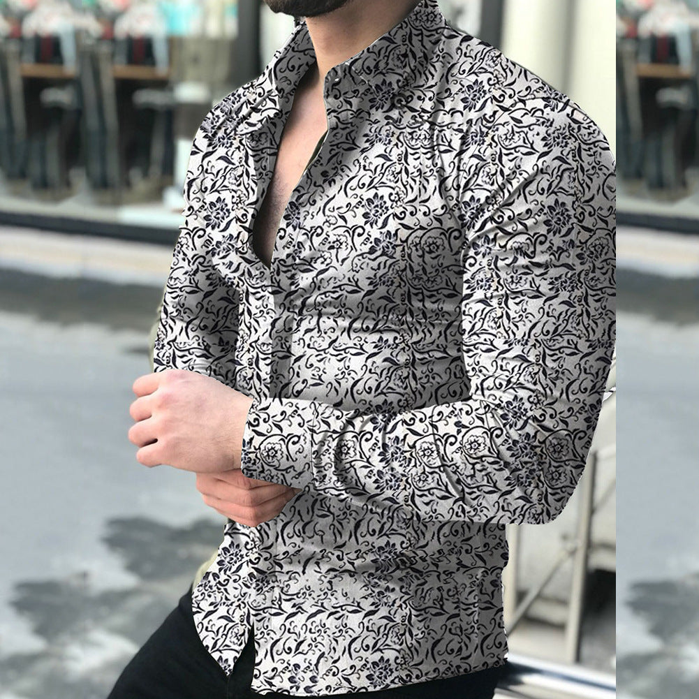 Spring and Autumn Long Sleeve Shirt Cross-Border European and American Printed Shirt Amazon Men's Casual Floral Shirt Slim Fit Shirt for Men