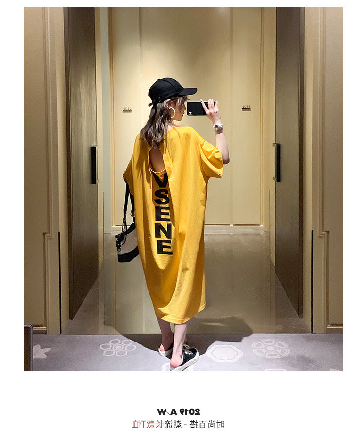 Summer Korea200Jin Fat mm Dress Women's Long Backless Loose Maxi Dress Plus Size Short Sleeve Maternity T T-shirt Skirt