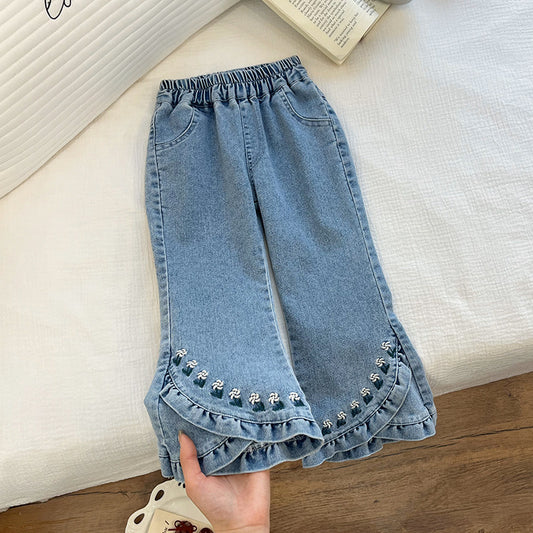 Girls' Denim Flared Pants Spring and Autumn New Style Korean Style Children's Slim Fit Spring and Autumn Outfit Baby Slightly Flared Pants Trendy