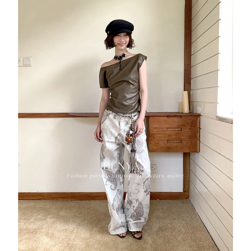 Original text Thirteen Lines Autumn Loose Retro Print Versatile Casual Jeans for Women【Includes Waist Belt】82285