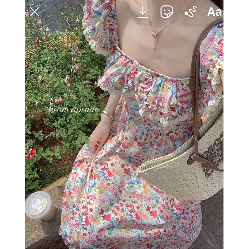 Floral Square Neck Slim Fit Women's Dress for Beach Vacation Casual Long Dress