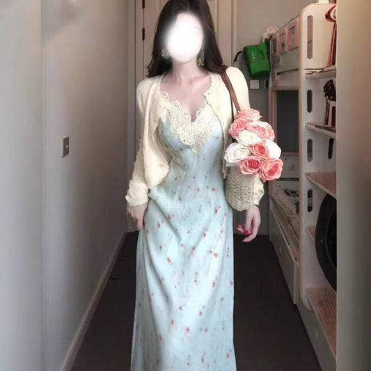 Fat mm Gentle Style Floral Strap Dress Plus Size Set for Women Spring Summer Long Sleeve Cardigan Lace Patchwork Waist-Cinching Long Dress