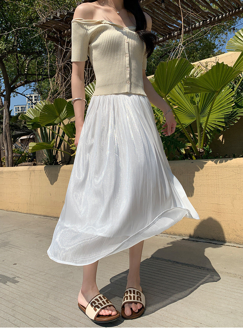 High-end Flowing Sheer Skirt for Women in Summer2025New Style Glassy Sheer Large Hem Mid-Length Draped a Women's pleated skirt