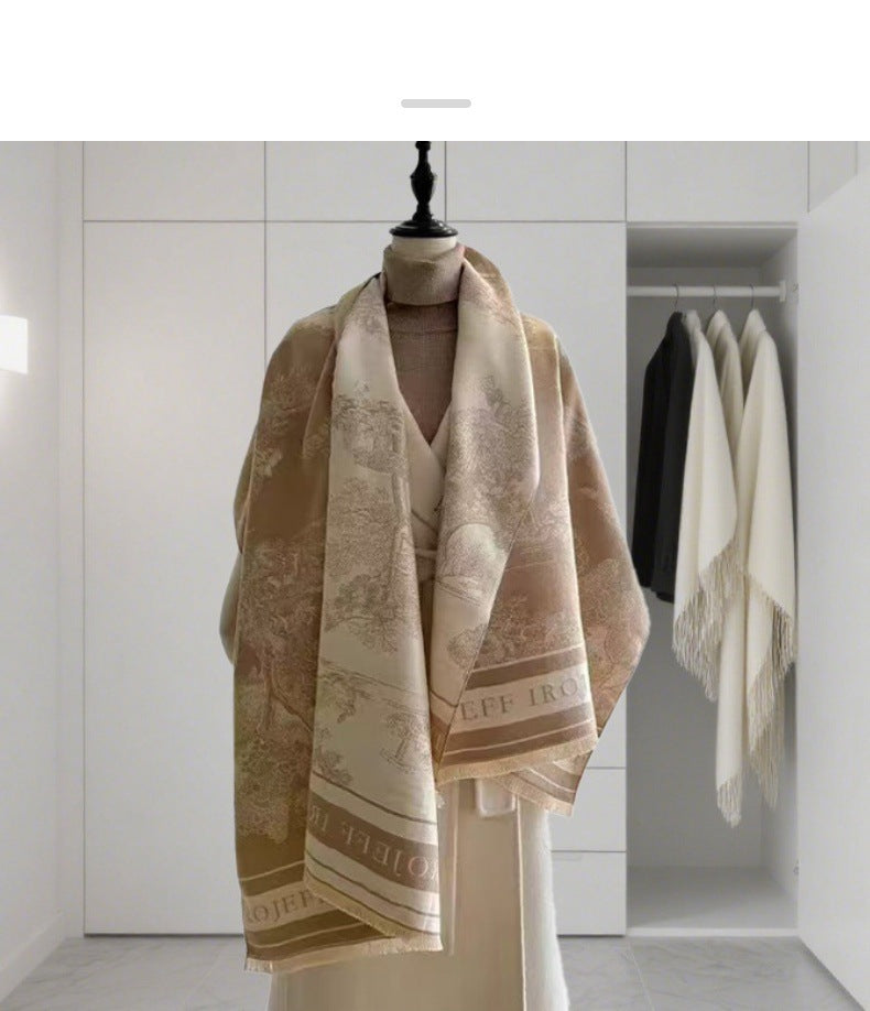 Light Luxury Style Imitation Cashmere Jacquard Shawl for Women Winter Warm Double-Sided Printed Landscape Scarf Outerwear Layering Neck Warmer