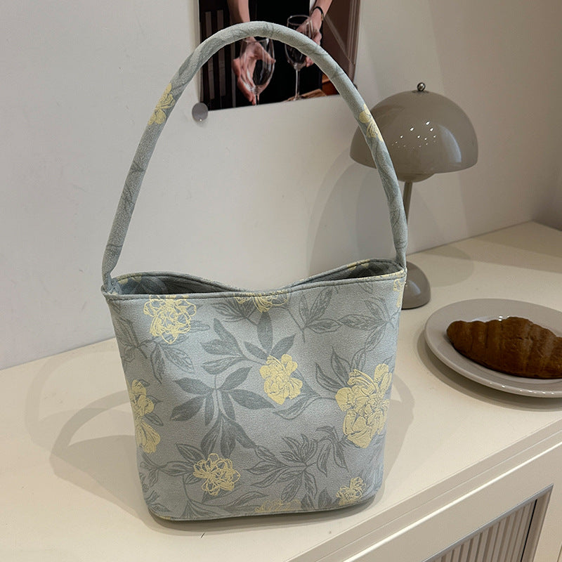 Lady's New Chinese Style Starlight Dream Tote Bag Black Shoulder Bag Embroidered Flower Vintage Handbag
