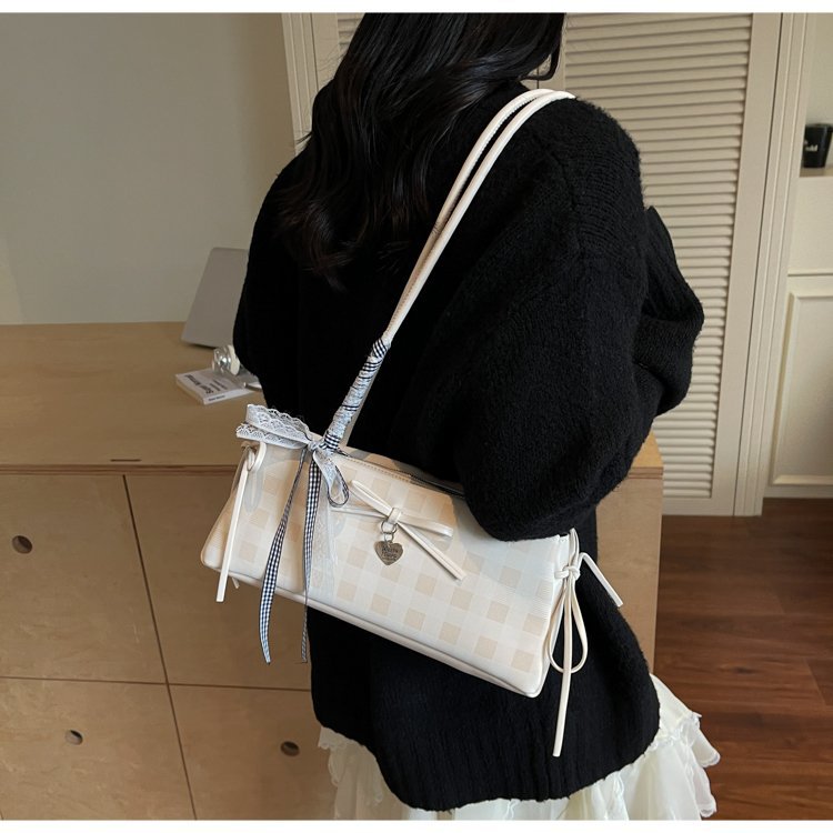 Dopamine Plaid Handbag Small Tote Bag for Women Summer2025New Ballet Style Bow Baguette Bag Underarm Bag Trendy