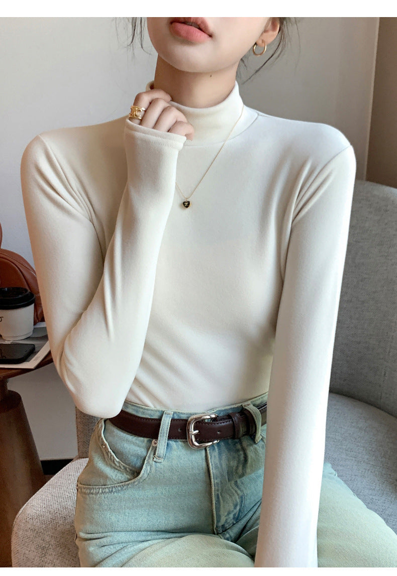 Half Turtleneck Double-Sided Thermal Base Shirt for Women, Spring and Autumn Style, Stylish Inner Wear, Solid Color, Fleece-Lined, Thickened, Warm Long-Sleeve Top