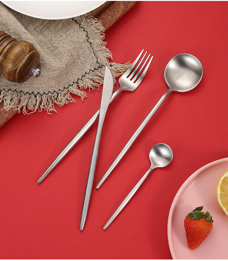 Cross-Border304Stainless Steel Portuguese Cutlery Set Knife Fork Spoon Round Handle Thick Western Cutlery Nordic Hotel Steak Knife