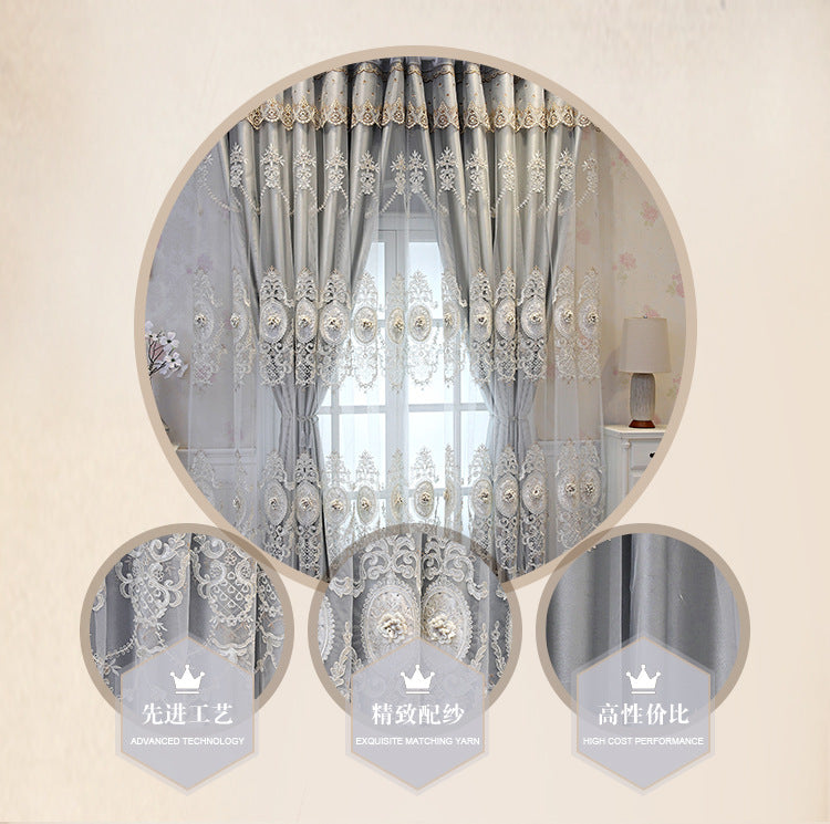 European Style High-End Simple Modern Fabric Sheer Integrated Blackout Double Layer Embossed Embroidered Curtains for Living Room Bedroom Balcony