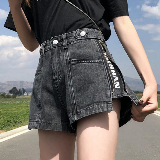 Side Zipper High Waist Denim Shorts Women Summer Loose Fit2025New Year's Slimming Letter Print Wide-Leg Hot Pants Trend