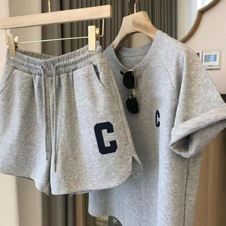 Original quality Amazon Korean style women's summer loose short sleeve T T-shirt shorts sports embroidered letter casual set