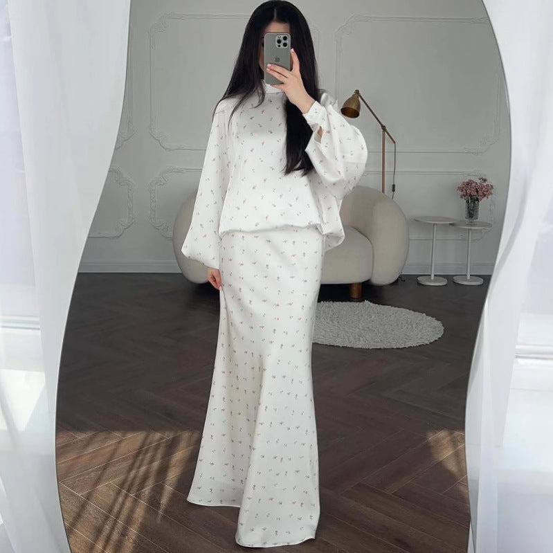 2025Autumn European and American Cross-Border New Loose Comfortable Elegant Shirt Sleeve Floral Top Half Skirt Set Women's Clothing