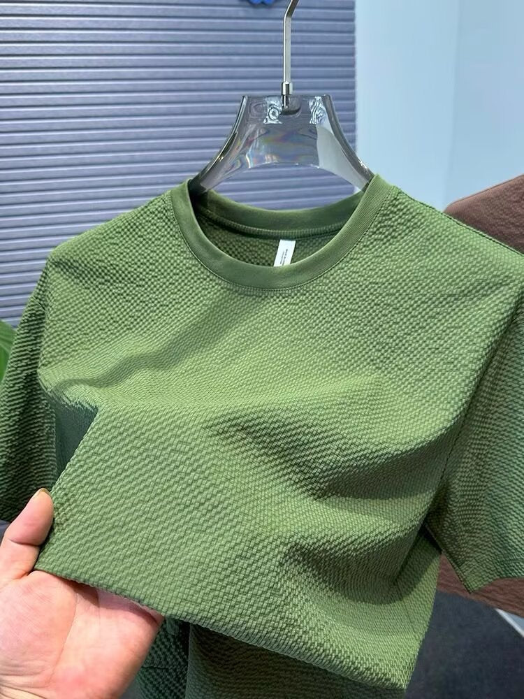 Summer New Bubble Gauze Texture High-end T Loose Round Neck Men's Short Sleeve T-Shirt T Solid Color Short Sleeve Versatile Top