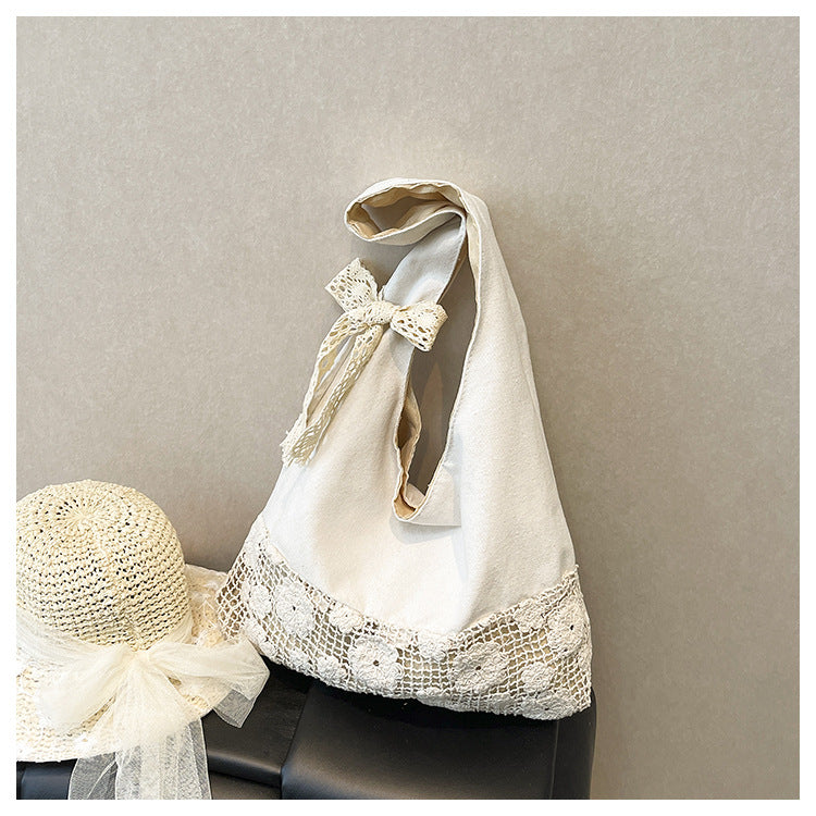 Design Summer Vacation Style Large Capacity Beach Bag Niche Lace Canvas Underarm Bag Women's Floral Single Shoulder Tote Bag