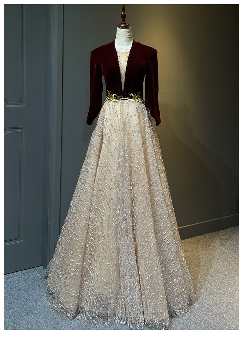 High-end chorus performance dress for women long gown2025New Elegant Host Evening Dress with High-End Feel for Ethnic Vocal Music