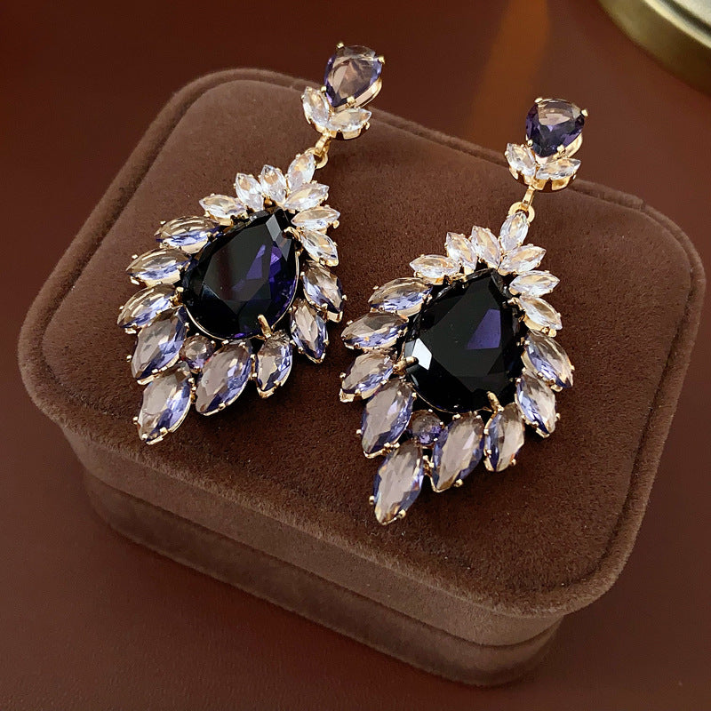 Medieval vintage Zircon Earrings Silver Needle Exaggerated Heavy Craft Flower Water Drop Studs Light Luxury High-end Feel Earrings for Women