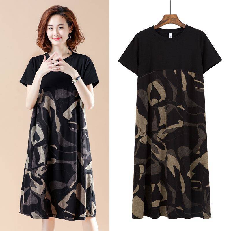 Plus Size Women's Loose Fit Clothing MM Mid-length printed camouflage patchwork short-sleeve dress for women2021Summer Clothing