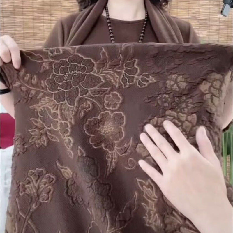 High-End Boutique New Autumn Winter Fashion Elegant Middle-Aged Women's Long Dress Slimming Dress with Scarf