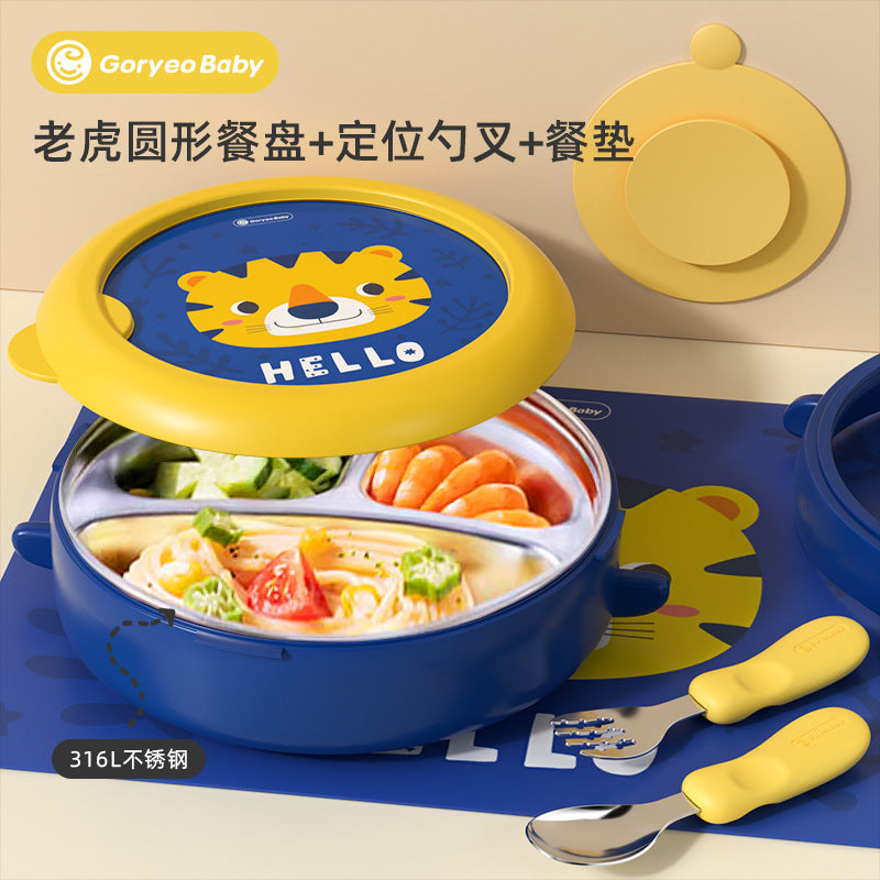 goryeobaby Children's Stainless Steel Plate Baby Suction Bowl Water-Insulated Bowl Baby Divided Plate Baby Food Utensils