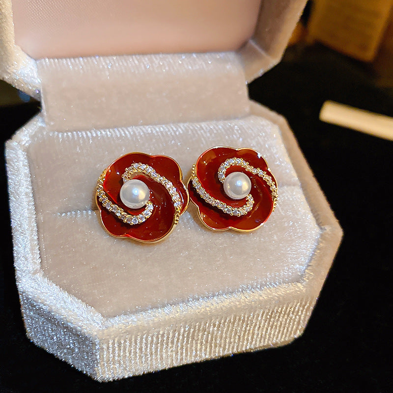 Silver Needle Ancora Red Oil Drop Geometric Earrings Niche Versatile Retro Elegant Studs High-end Fashion Earrings for Women