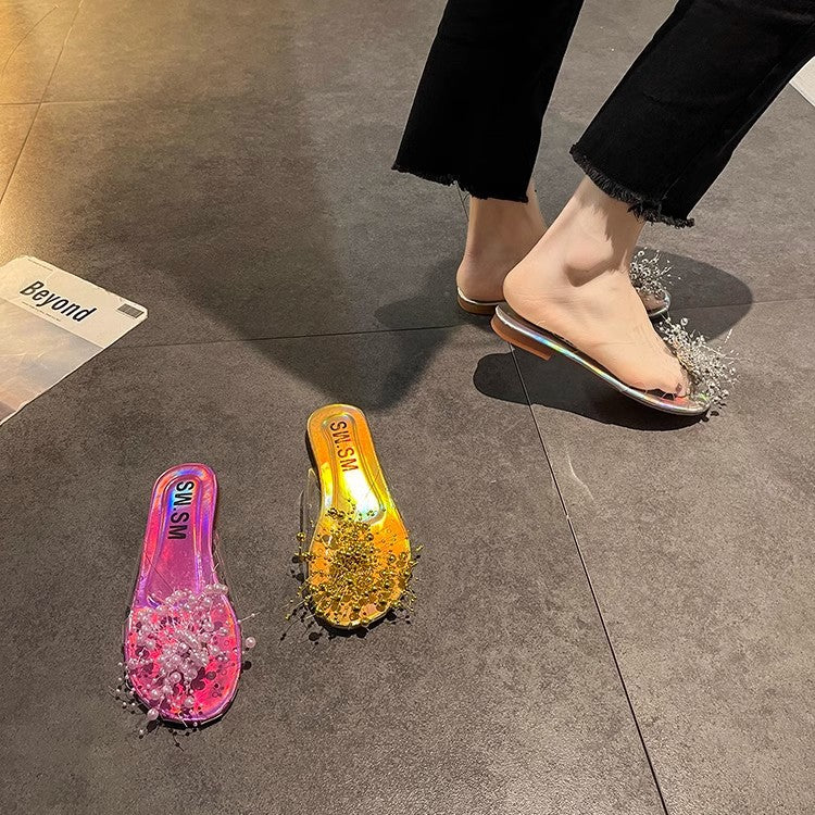 Sparkling Silver Transparent Beaded Closed-Toe Mules for Women2024Summer Internet Celebrity Super Popular Sandals Slippers