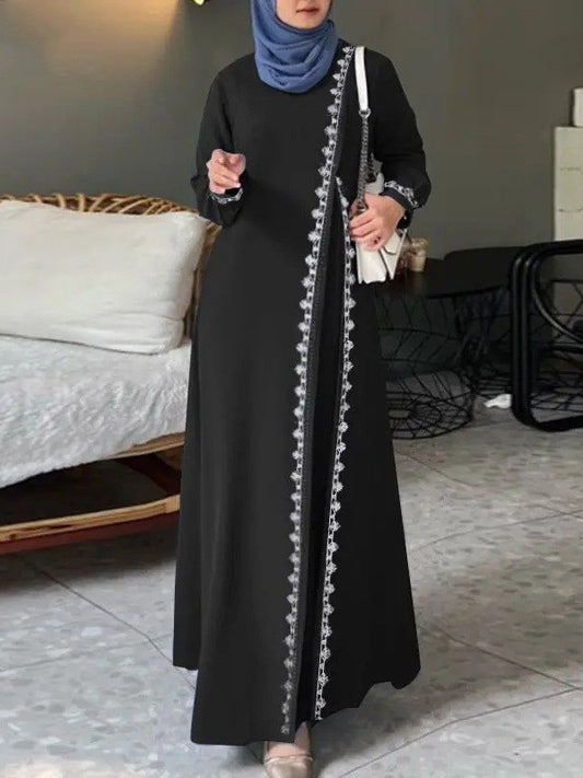 H726#Muslim Women's Clothing Lace Long Robe Dress Fashion Long Sleeve Vest Women's Spring Casual Dress