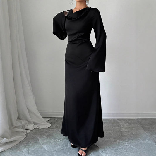 Pear-shaped Body Wear Women's Long-sleeved Loose Belted Waist Black Long Dress High-end Sense of Temperament Style Dress for Women