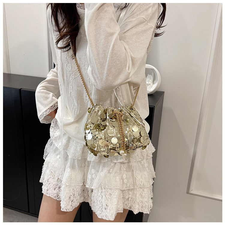 Trendy and High-End Sequin Bucket Bag2025Summer New Fashion Versatile Stylish French Chain Single Shoulder Crossbody