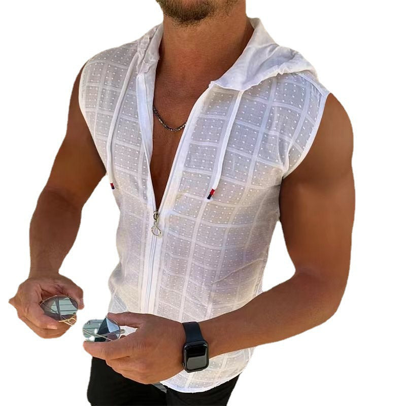 Short Sleeve Hooded Zip Cardigan T Men's T-shirt2023Summer New Fashion Plaid Sleeveless t Men's T-shirt Polo Collar Top