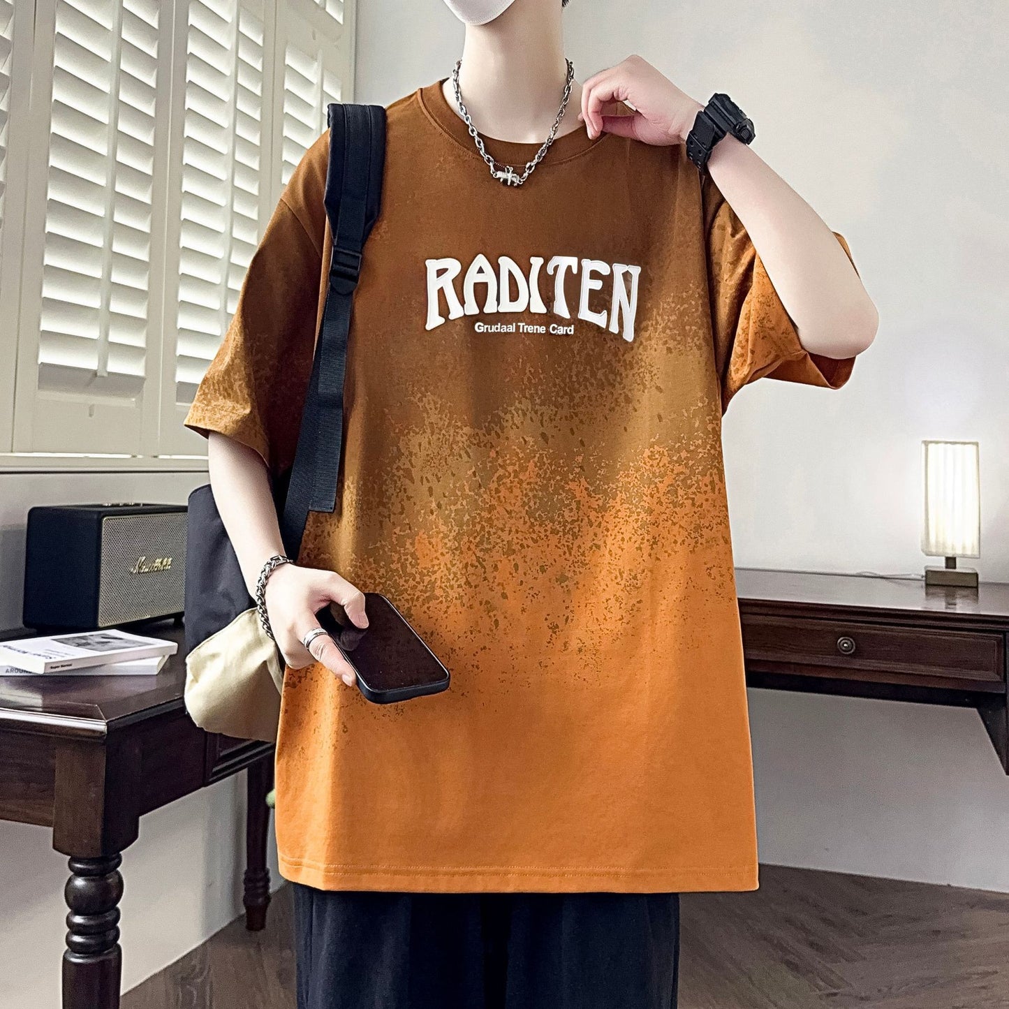 2025Summer New Men's Youth Casual Stylish Trendy Loose Short Sleeve T Shirt Gradient Color for Middle and High School Students