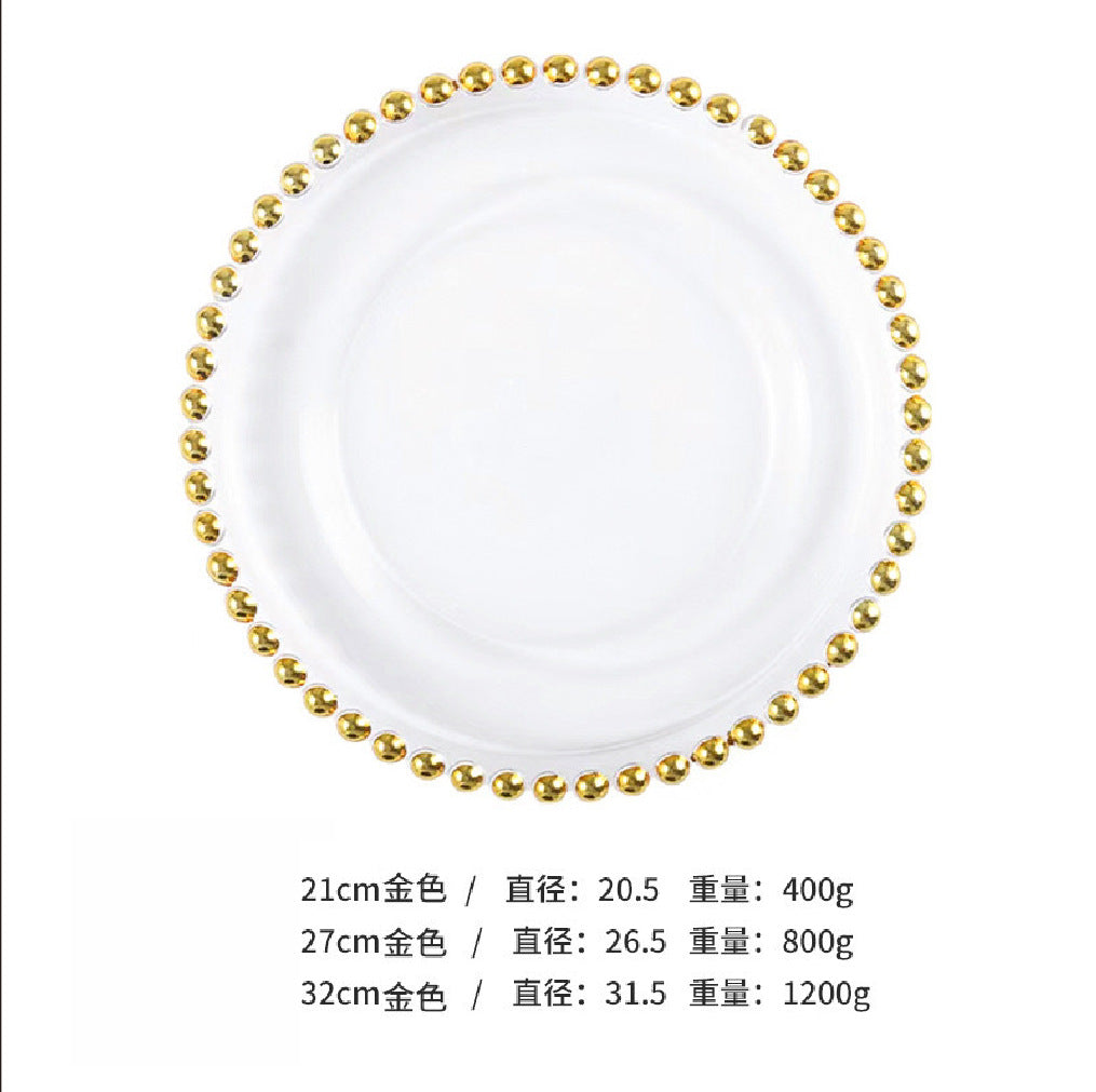 Nordic Gold-Plated Bead Plate Luxury Glass Electroplated Plate Round Pearl Western Steak Plate Silver Large Size Bead Plate
