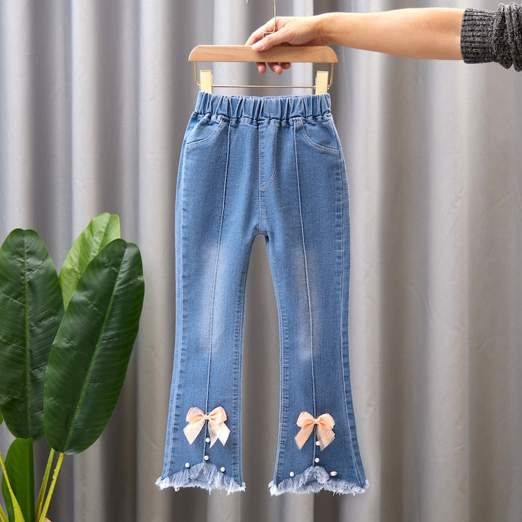 Children's Clothing Wholesale Girls' Jeans Spring and Autumn New Style Medium and Large Children's Slim Pants Baby Casual Girls' Flared Long Pants