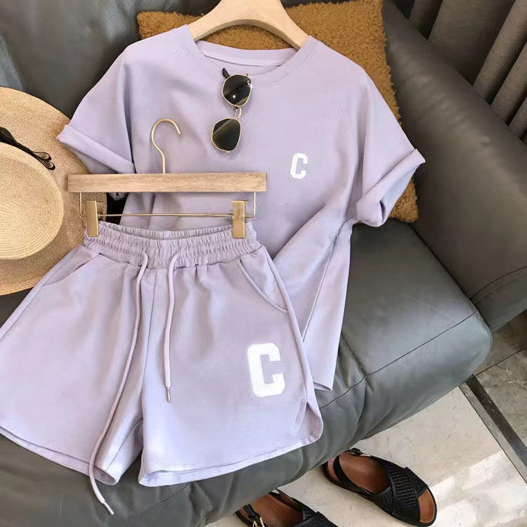 Original quality Amazon Korean style women's summer loose short sleeve T T-shirt shorts sports embroidered letter casual set