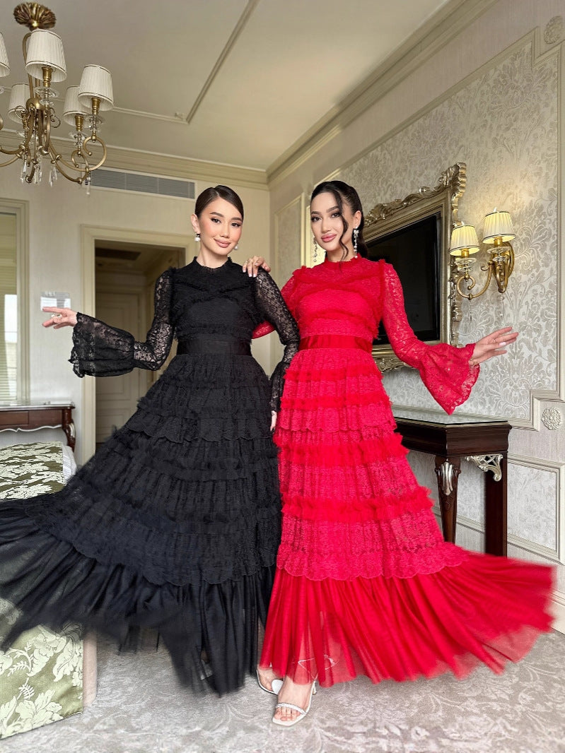 2025Early Autumn New Bell Sleeve Vintage Lace Mesh Patchwork Dress Women Slim Elegant Long Dress