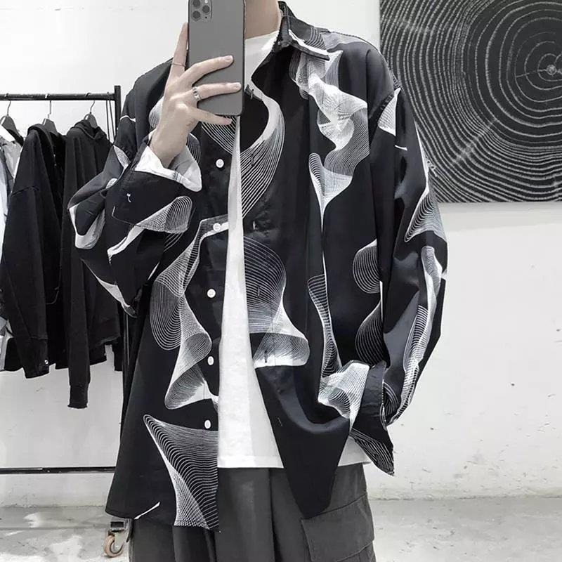 Autumn Hong Kong Style Cool Long Sleeve Shirt for Men Dark Style Design Top Youth Casual Loose Shirt