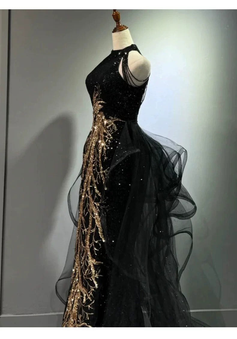 New Evening Dress Black High-End Slim Fit Elegant Socialite Host Halter Neck Mermaid Dress Wedding Toast Dress