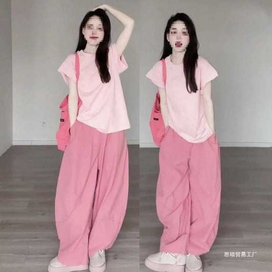 Summer Dopamine Full Set Shirt Wide-Leg Pants Two-Piece Set Lazy Style Fashion Casual Thin Suit for Petite Women