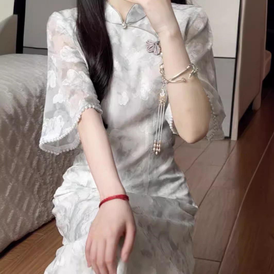 Matcha2024New Summer Style Fresh Elegant Improved Cheongsam Long Daily Youth Dress