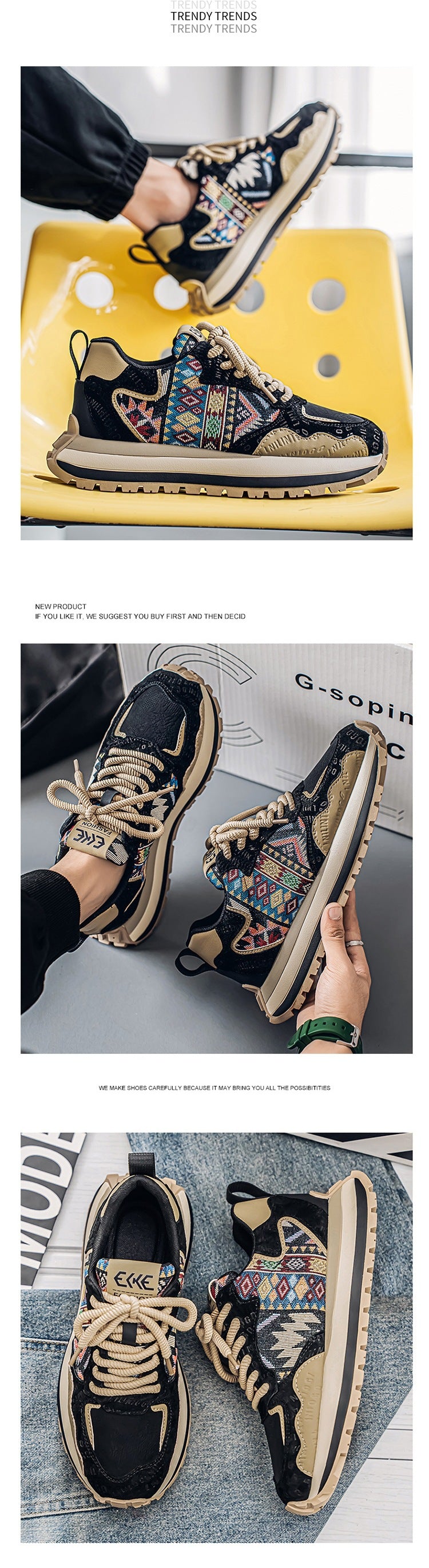 2025Spring and Autumn New Men's Shoes Trendy Fashion Printed Embroidered Sports Casual Shoes Thick Sole Height Increasing Shoes Wholesale