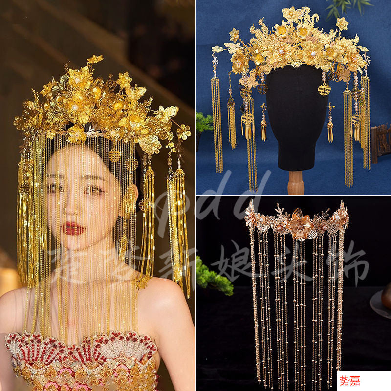Bridal Hair Accessories Set Tiara Versatile Qing Dynasty Style Xiuhe Costume Crown Veil Hair Accessories Makeup Gold