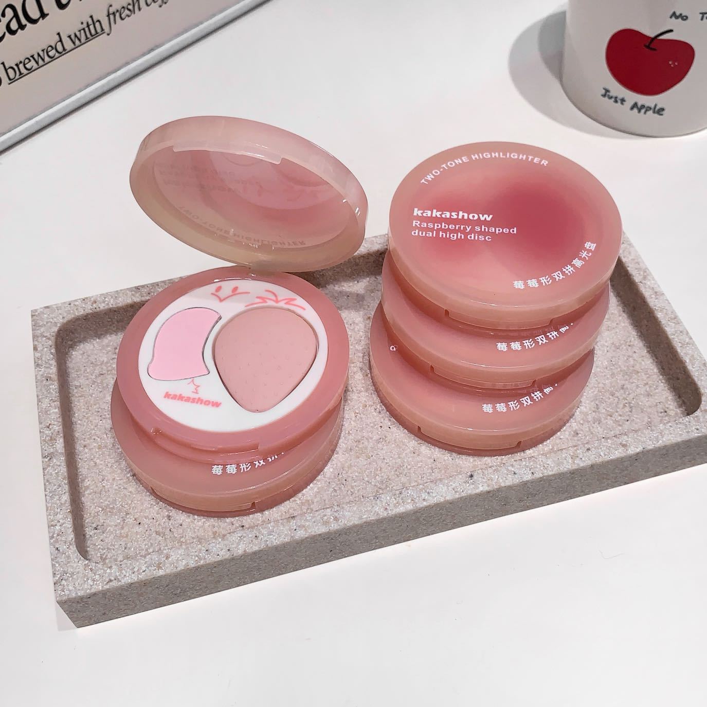 kakashow Raspberry-Shaped Dual Highlight Palette Low Saturation Cherry Blossom Pink Blush Eyeshadow Face Brightening Contouring C574