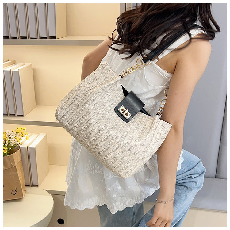 2025Women's Spring New Small Chanel Style Bag for Work Commute Versatile Straw Woven Large Capacity Wide Shoulder Strap Women's Single Shoulder Bag