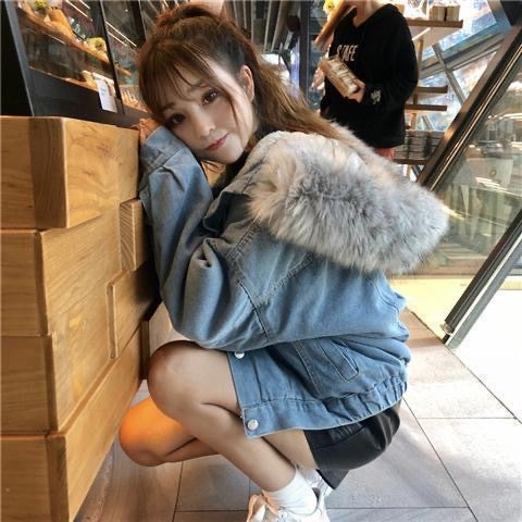 In-stock Short Cotton Jacket2025Winter Fleece-Lined New Cotton Jacket Loose Korean Style Denim Fur Collar Thickened Coat for Women