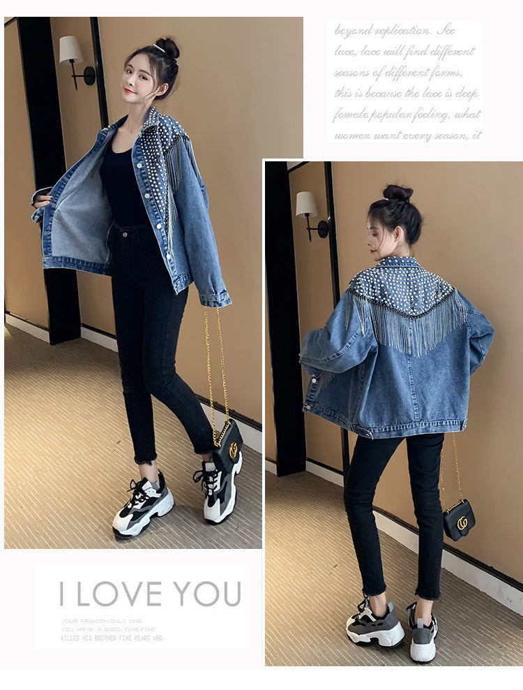 European and American New Style Tassel Heavy Embellished Rhinestone Rivet Long Sleeve Korean Version Loose Slimming Fashion Beaded Denim Jacket for Women